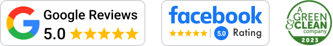 Badges showing 5.0-star ratings for Green T Lawn on Google and Facebook, alongside a 2023 “A Green & Clean Company” certification.