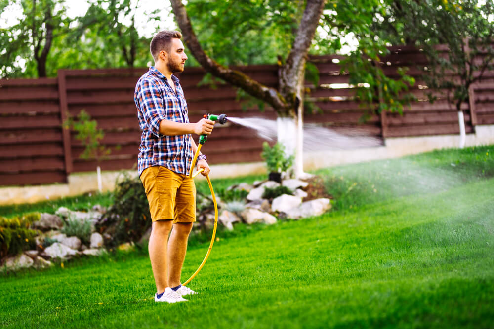 Man watering a lush green lawn with a garden hose, demonstrating proper lawn care practices. Understanding when to start lawn care is crucial for a healthy, vibrant lawn, as shown by the thriving grass in this image.