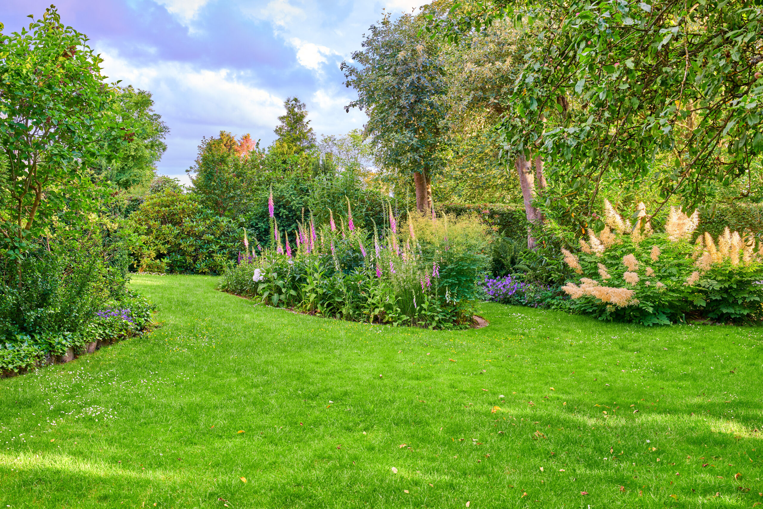 The image shows a well-maintained garden with lush grass, trimmed shrubs, and blooming flowers, illustrating the results of what is full service Lawn Care.