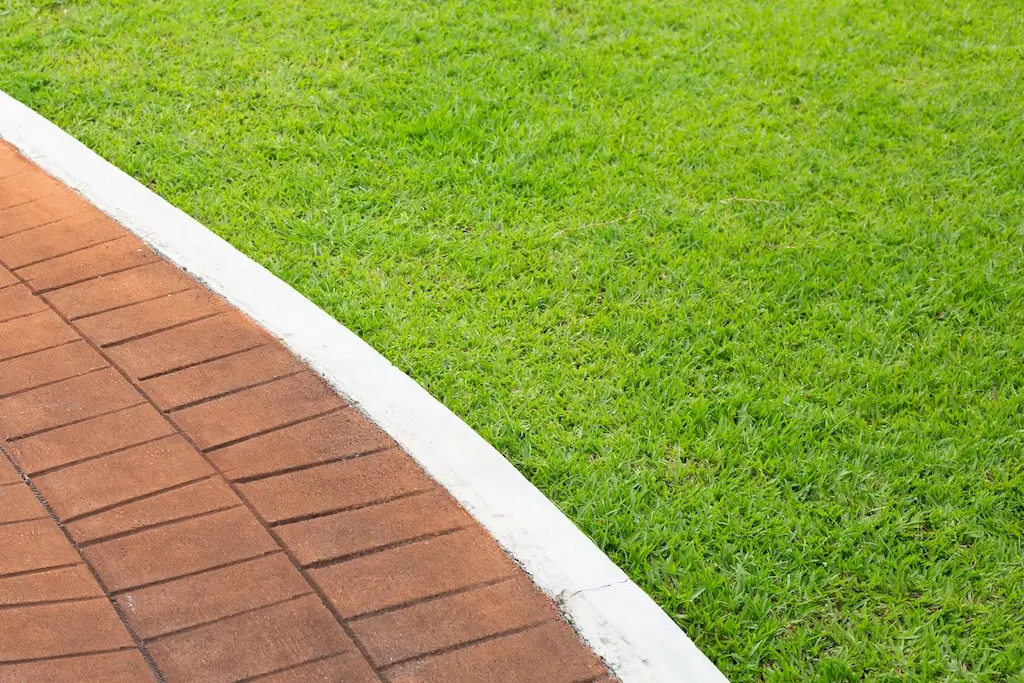 A neatly edged lawn meets a brick walkway, showcasing the clean look that comes with proper spring lawn care.
