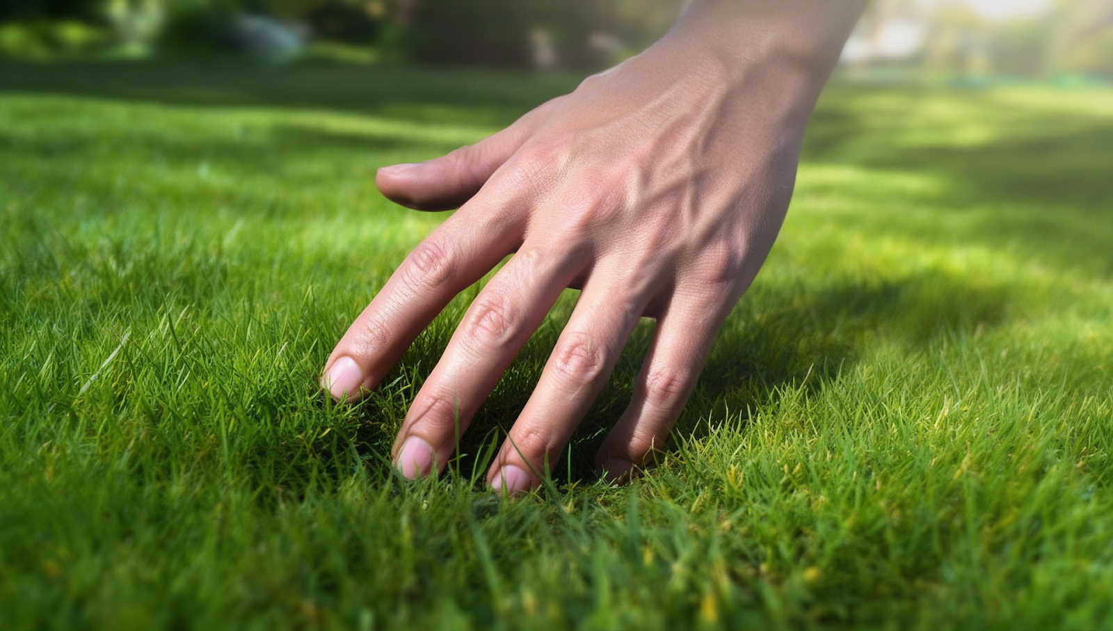 Close-up of a hand gently touching a lush, green lawn, emphasizing the softness and health of well-maintained grass that is a satisfying result of following lawn care tips for beginners.