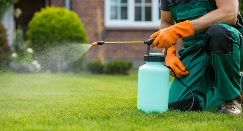 A person in gardening gear spraying lawn treatment with a pump-action bottle sprayer, targeting weeds or pests as part of routine maintenance, which is a key step covered in lawn care tips for beginners.